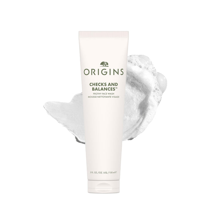 Origins front packaging showing bottle and branding, communicates clean formulation benefits