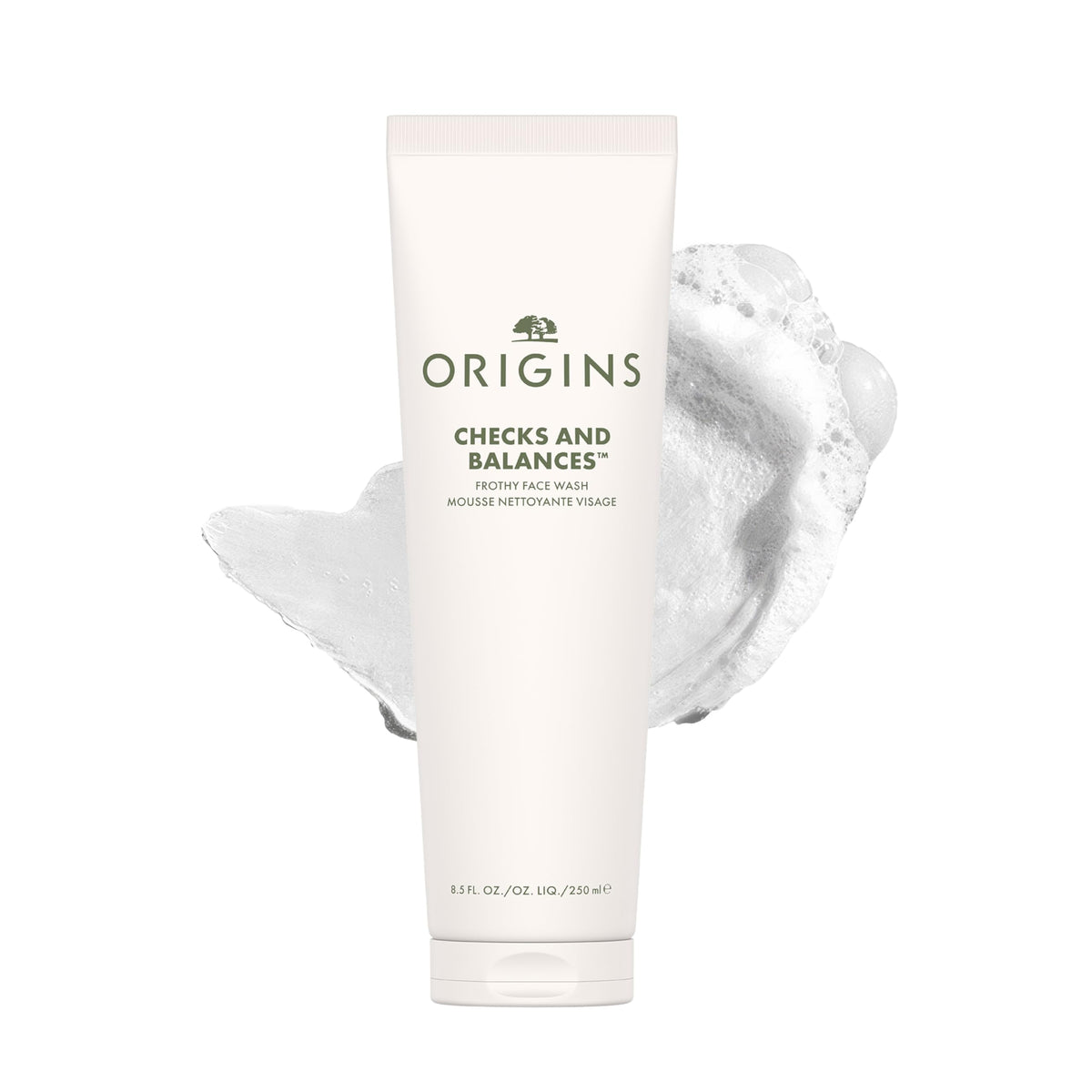 Origins bottle front packaging showing product and benefit of clean feel