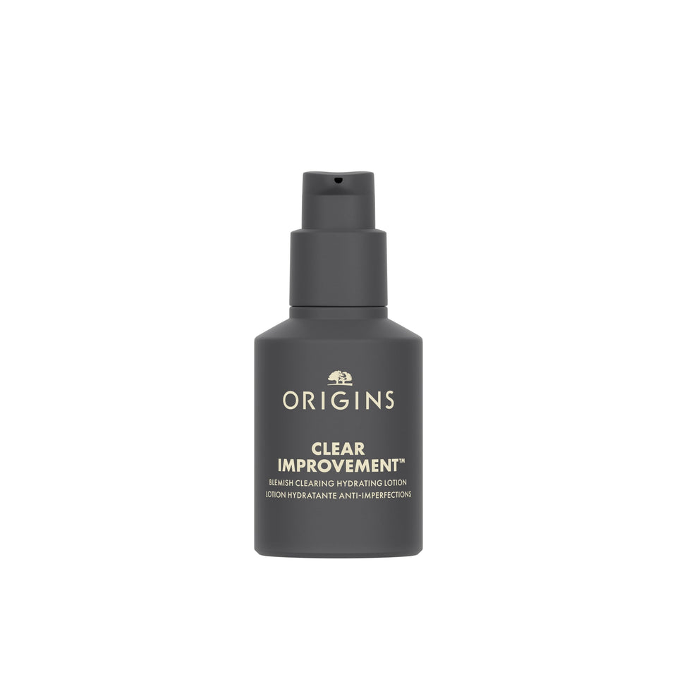 Origins front packaging showing bottle and branding, clear acne-hydration benefit