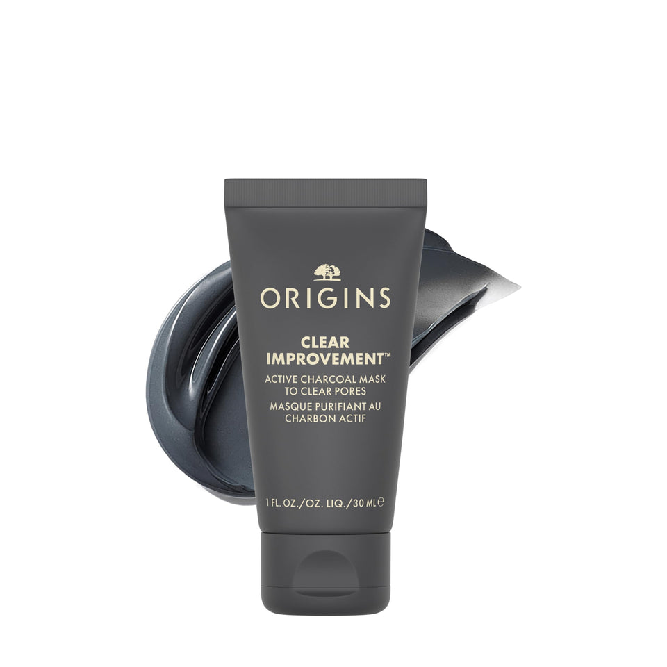 Origins travel-size mask front view showing compact tube and branding, convenient for travel