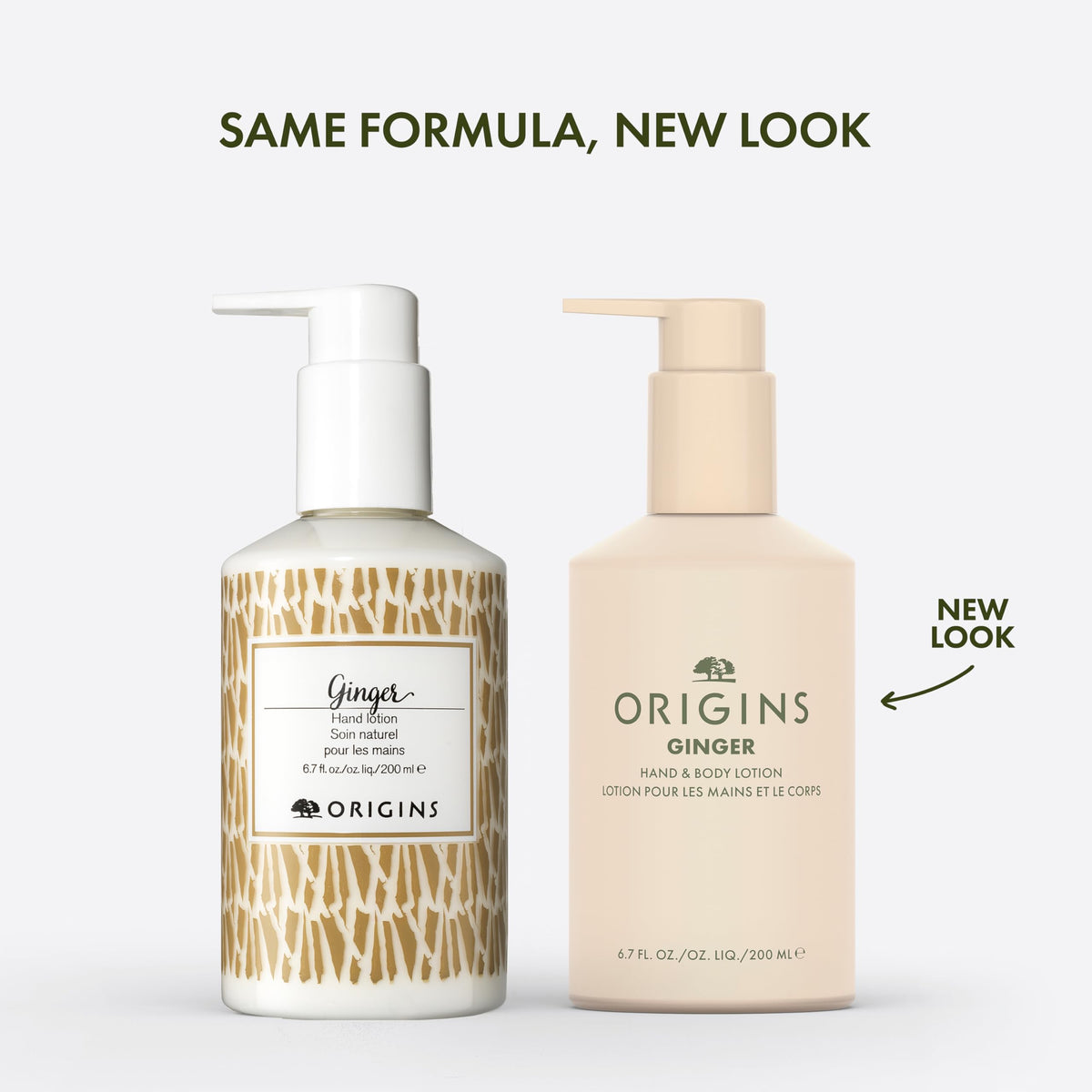 Origins Ginger pump and label close-up highlighting ingredient callouts and clean design