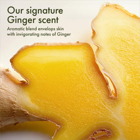 Origins product label close-up displaying ginger essential oil blend and claims
