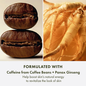 Origins GinZing bottle with coffee beans and ginseng roots illustrating energizing ingredients