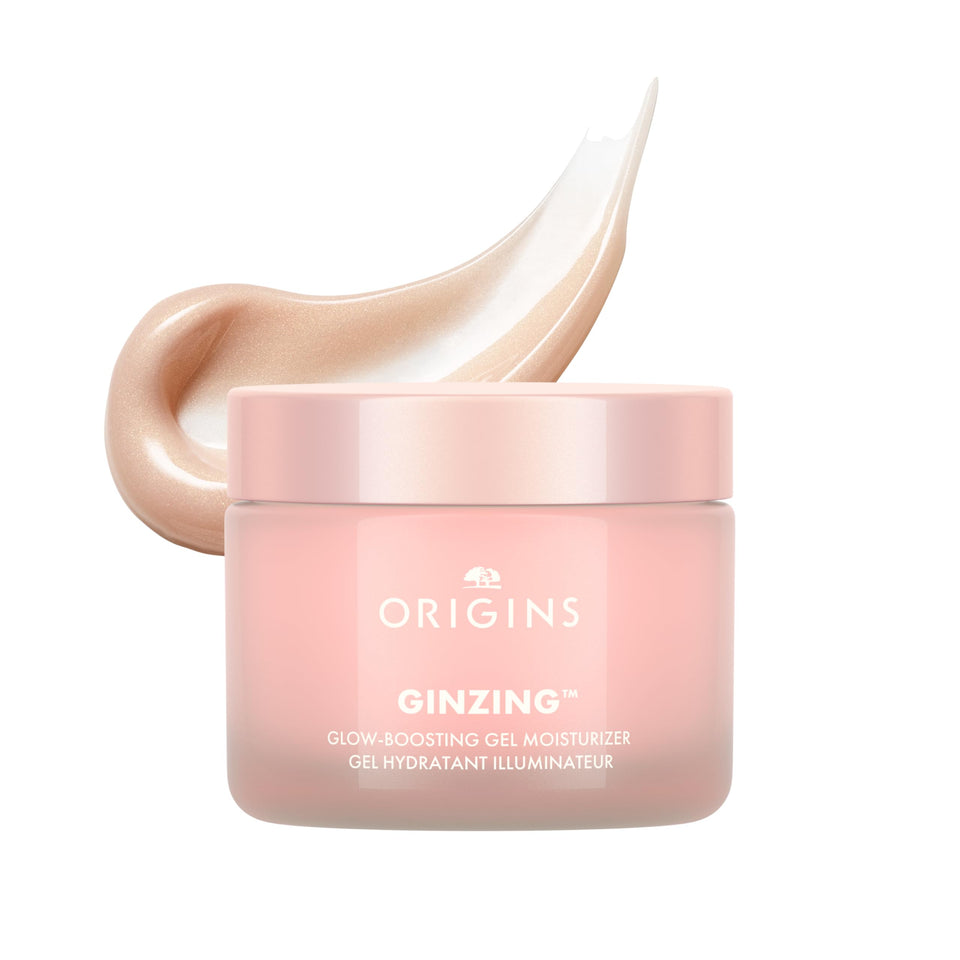 Origins GinZing front jar Pearl Glow showing luminous finish and easy application