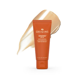 Origins GinZing front packaging showing tube and label, communicates lightweight SPF protection
