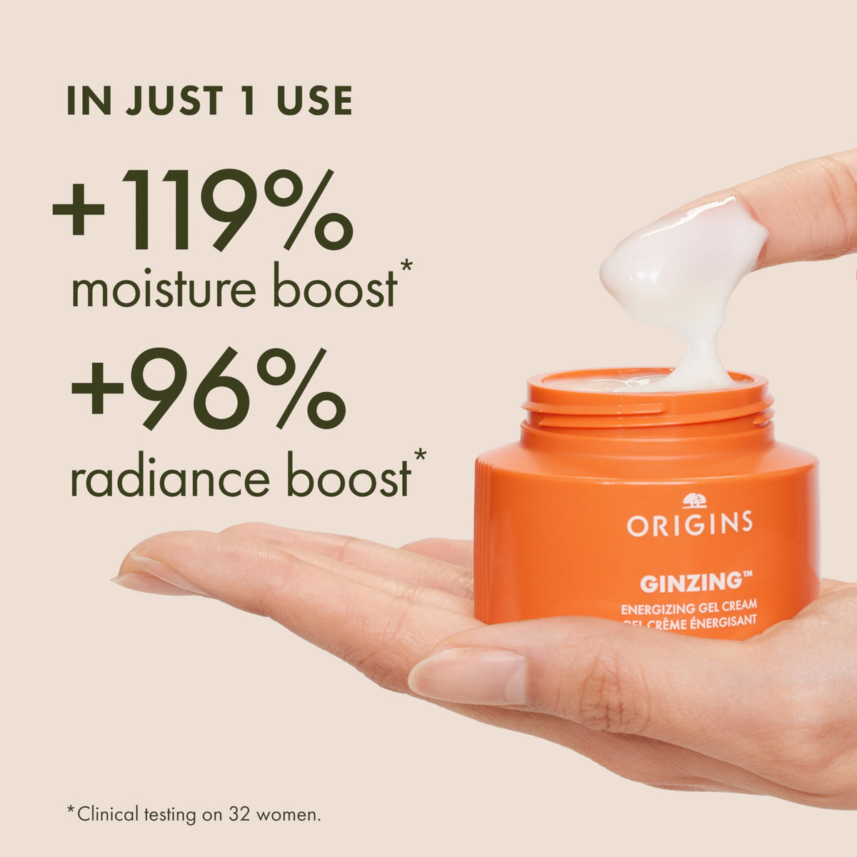 Origins GinZing open jar top view displaying hydrating gel and an invigorating glow