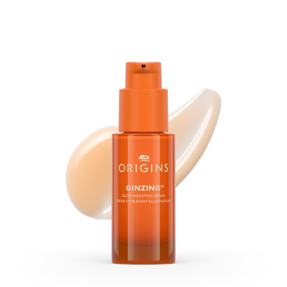 Origins GinZing front bottle view showing brightening serum benefits