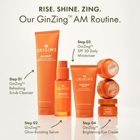 Origins GinZing Warm styled on bathroom vanity conveying daily routine and refreshed mornings