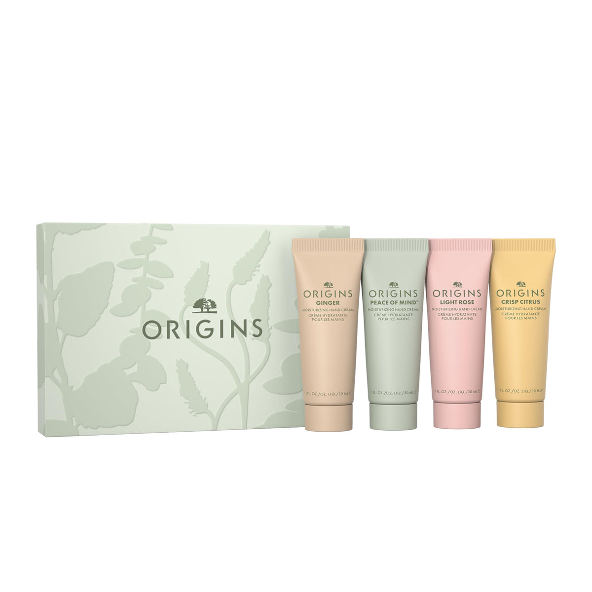 Origins hand cream gift set front view showing four travel tubes and packaging hydration