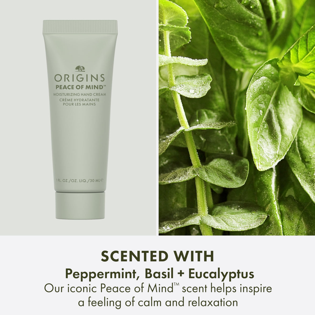 Origins Peace of Mind hand cream tube highlighting soothing scent and skin-smoothing benefit