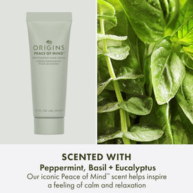 Origins Peace of Mind hand cream tube highlighting soothing scent and skin-smoothing benefit