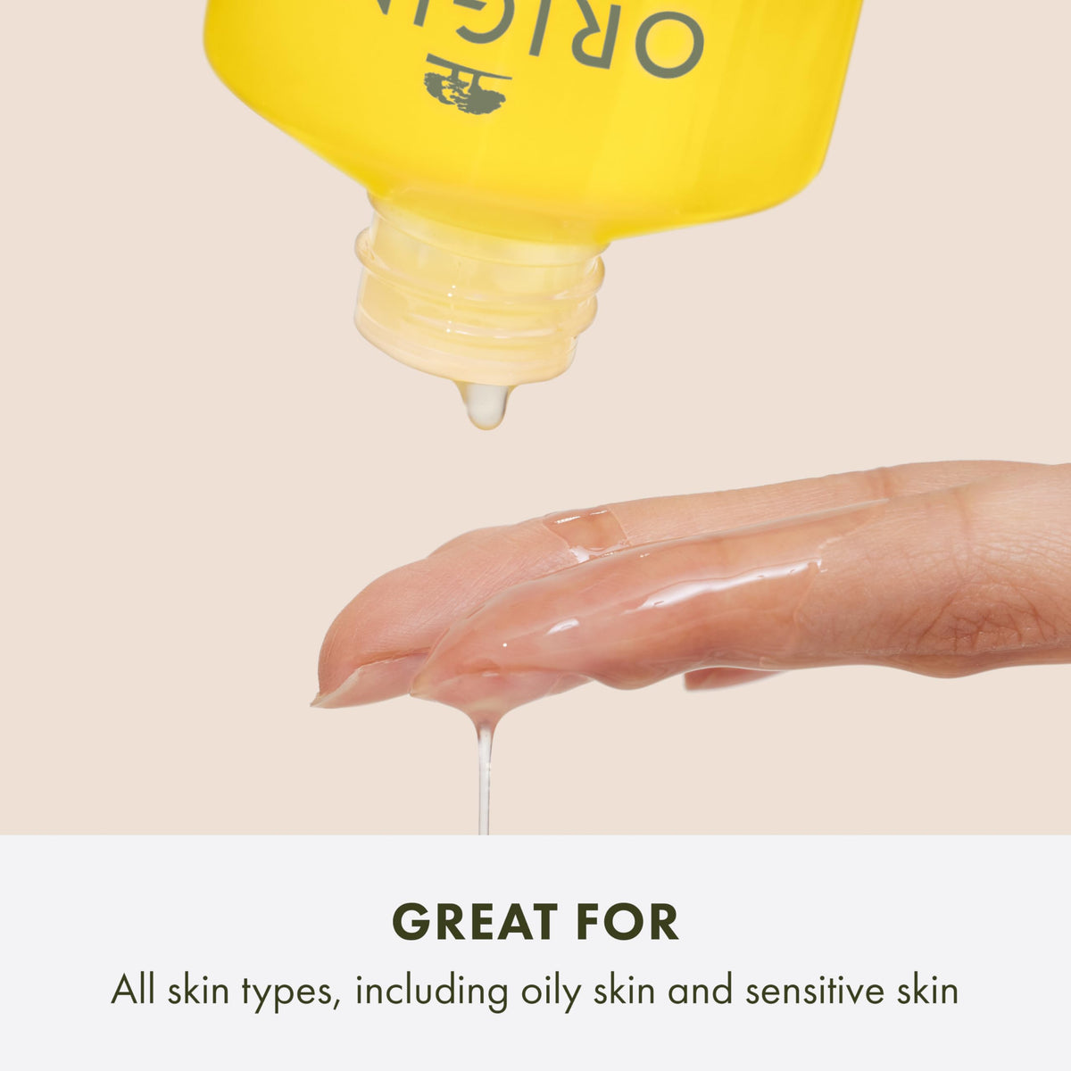 Origins texture close-up showing lightweight oil consistency that dissolves makeup