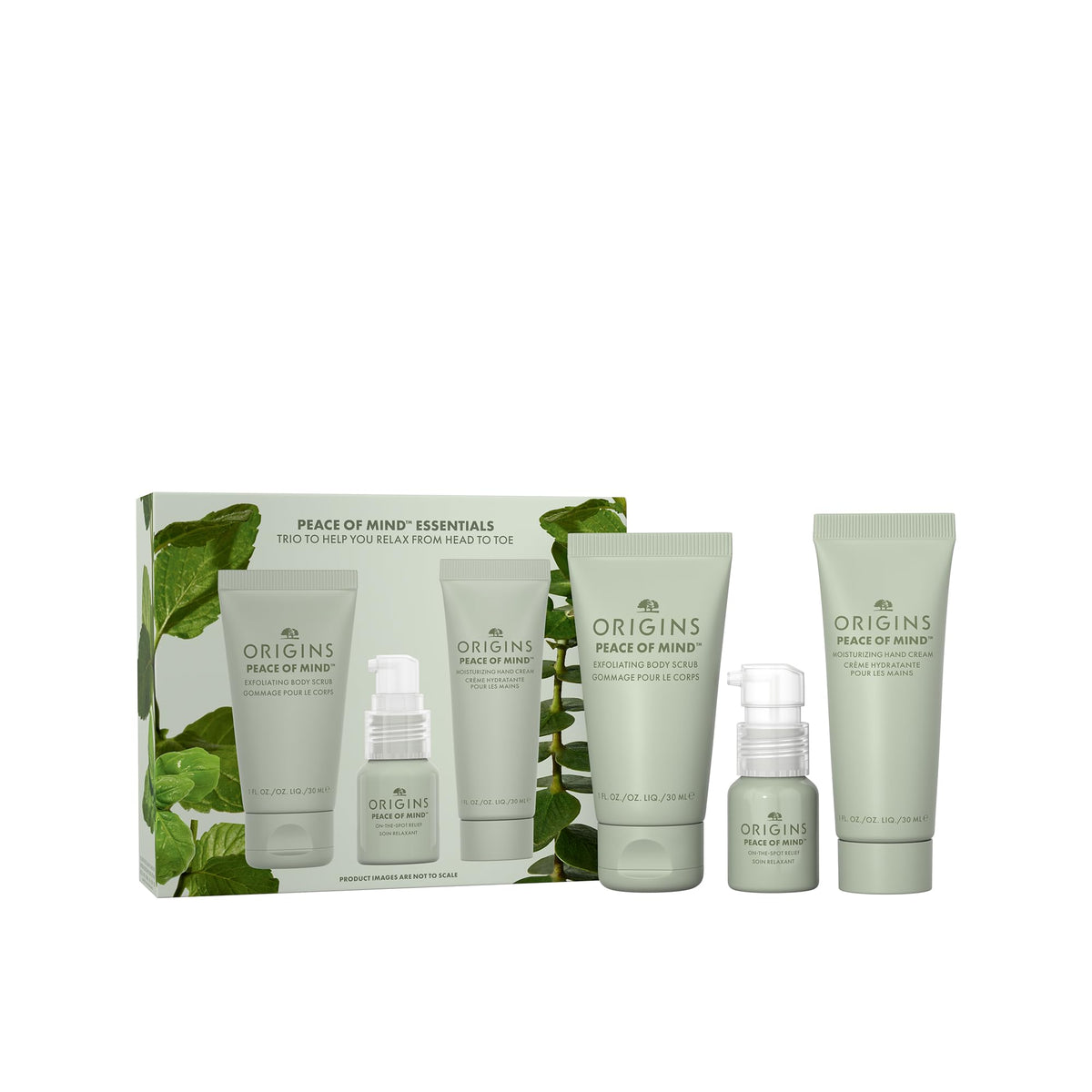 Origins front packaging of Peace of Mind travel set showing trio and gift-ready presentation
