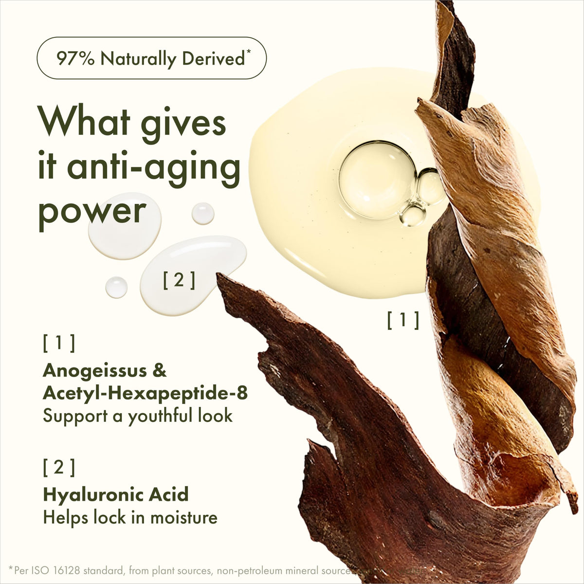 Origins Plantscription ingredient label highlighting peptides and hyaluronic acid