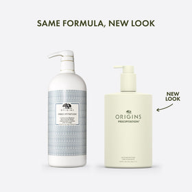 Origins Precipitation pump and label detail highlighting ingredients and easy dispensing
