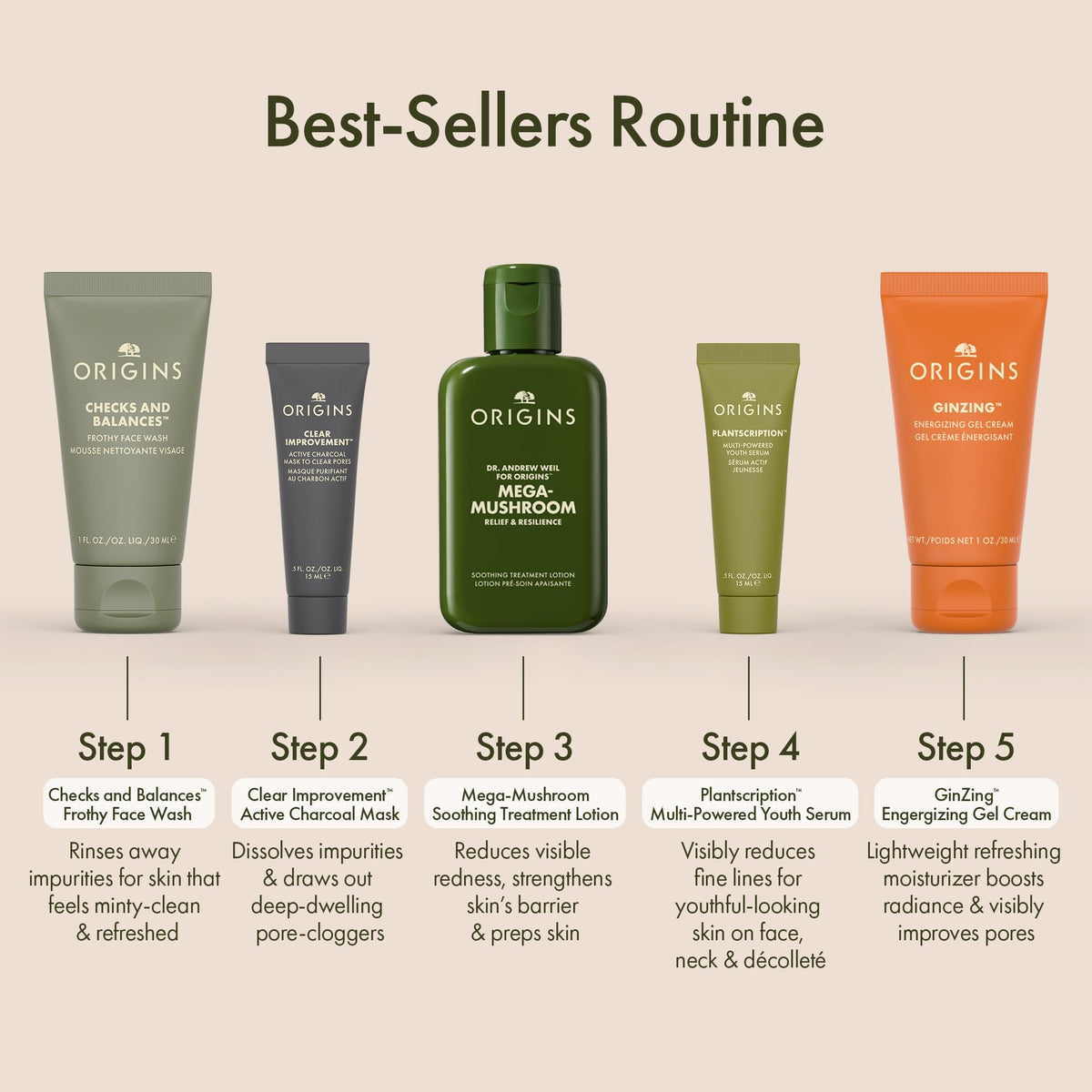 Origins skincare minis arranged on bathroom counter showing daily routine use and simplicity
