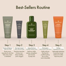Origins skincare minis arranged on bathroom counter showing daily routine use and simplicity