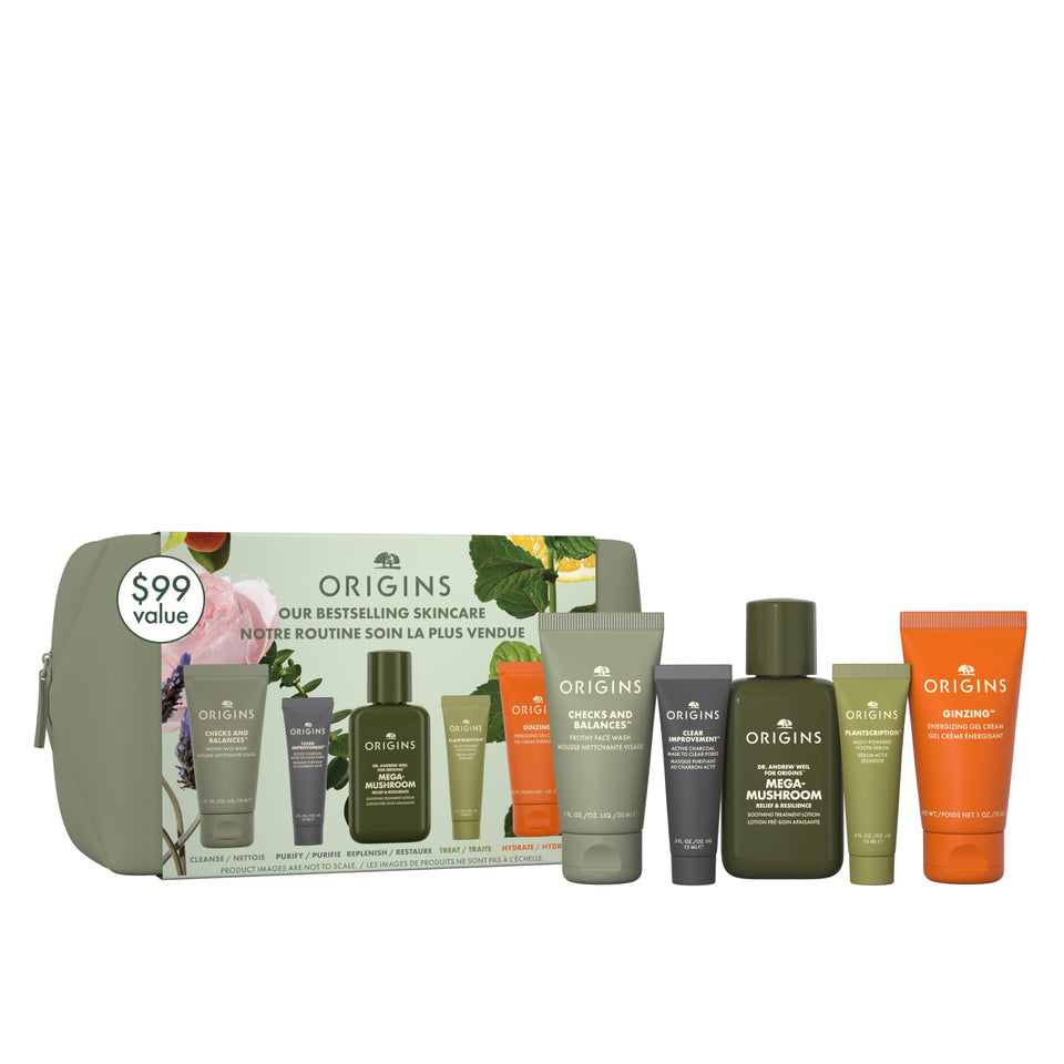 Origins set front packaging showing all five mini products and clear labeling for travel convenience