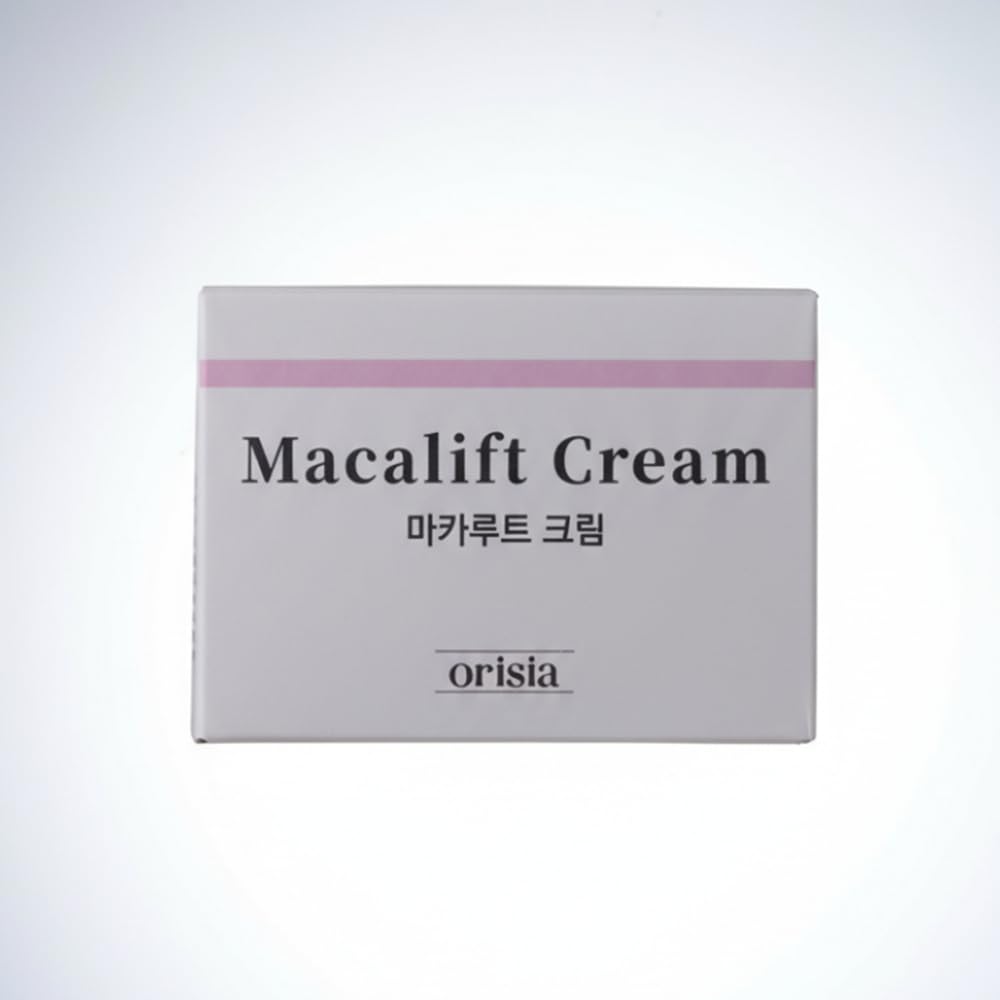ORISIA MacaLift open jar texture showing cushion cream, easy absorbent hydration benefit