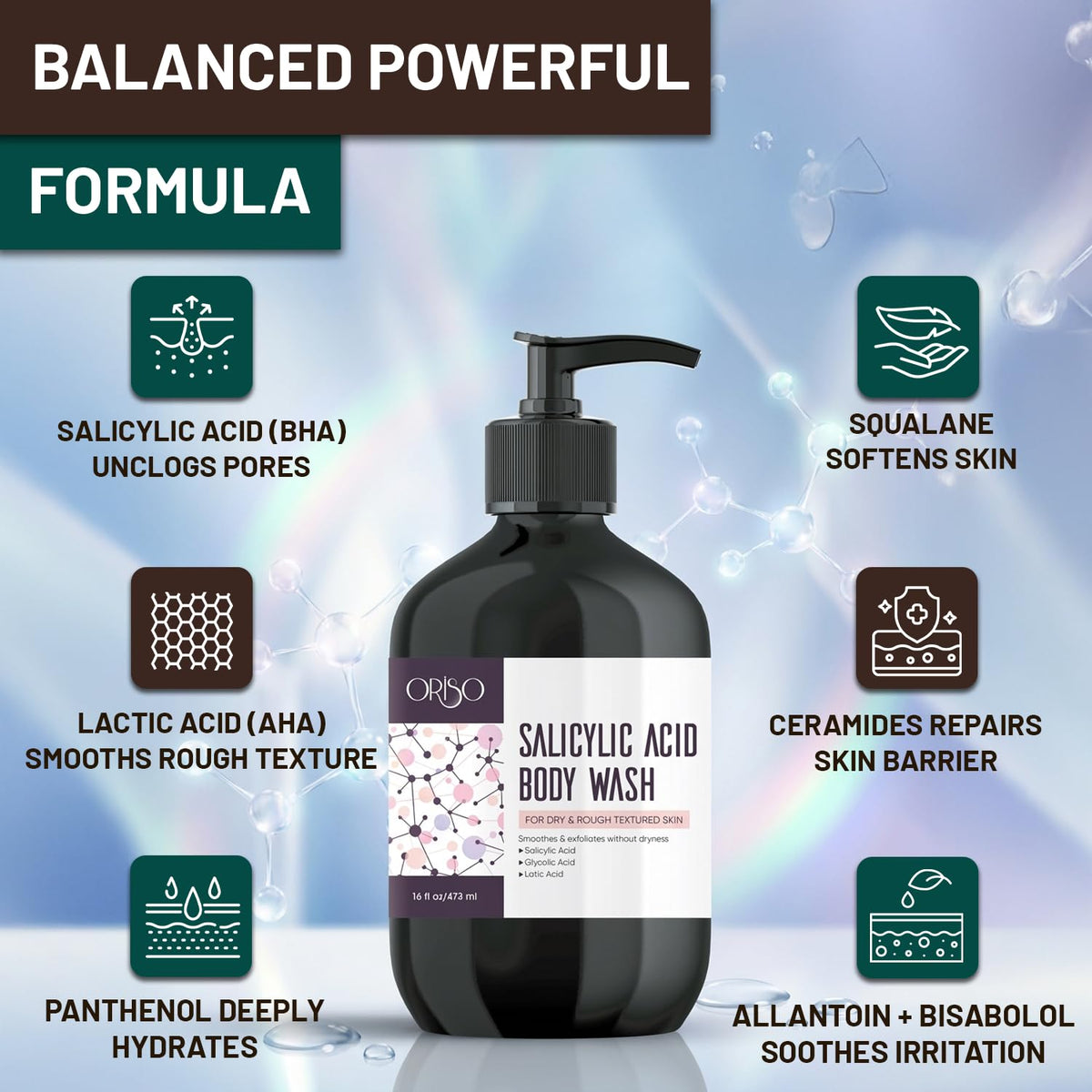 ORISO ingredients visual of ceramides and squalane emphasizing barrier support