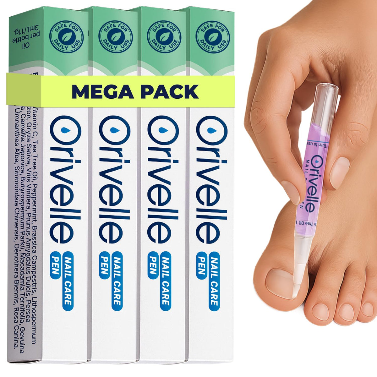 Orivelle front packaging displaying four pens and product benefits