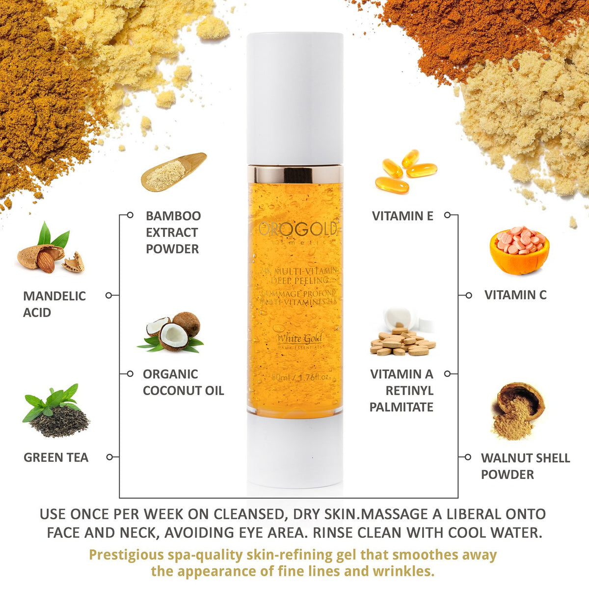 OROGOLD 24K product label with ingredient list highlighting vitamins and acids