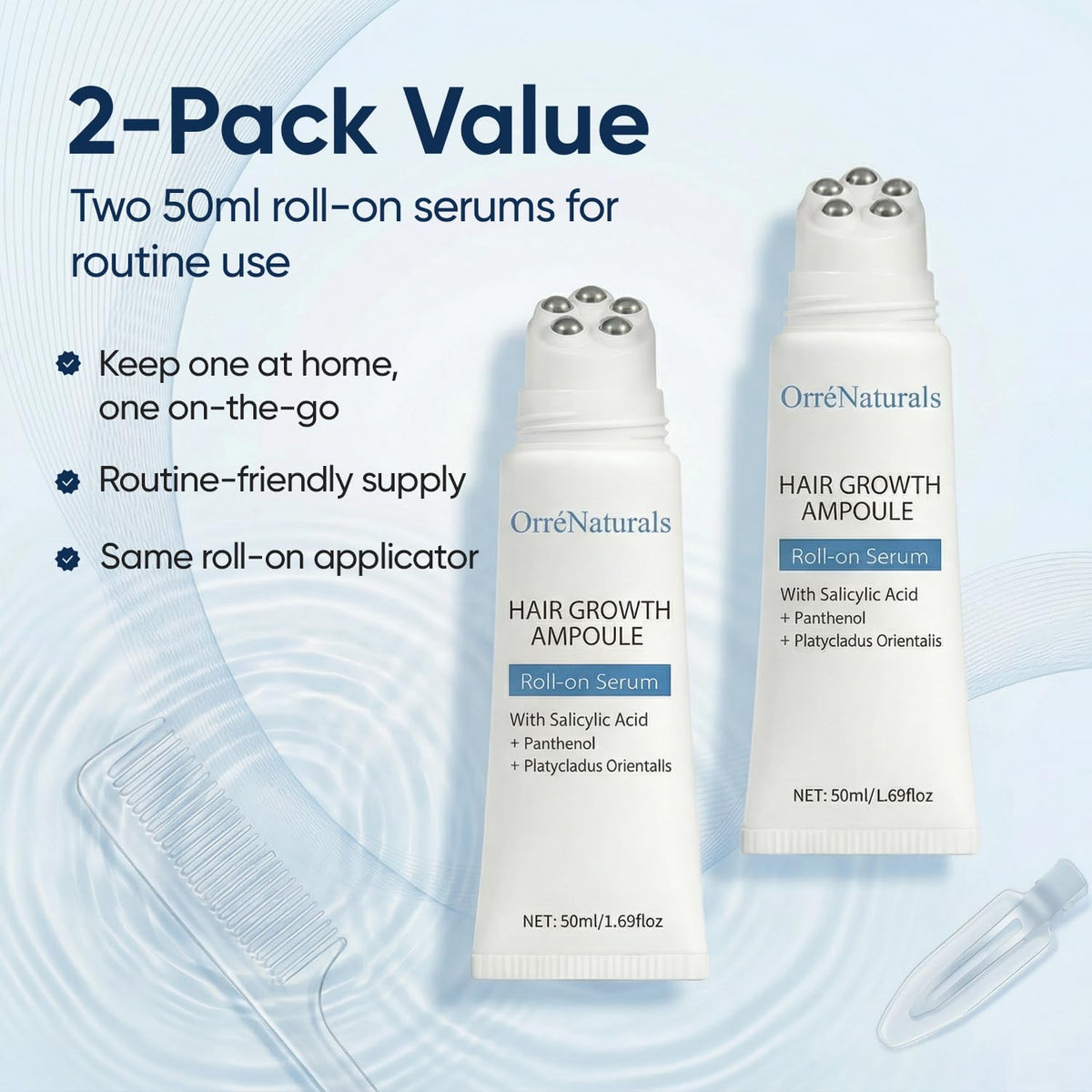 ORRÉNATURALS applying roll-on to scalp demonstrating targeted root delivery benefit