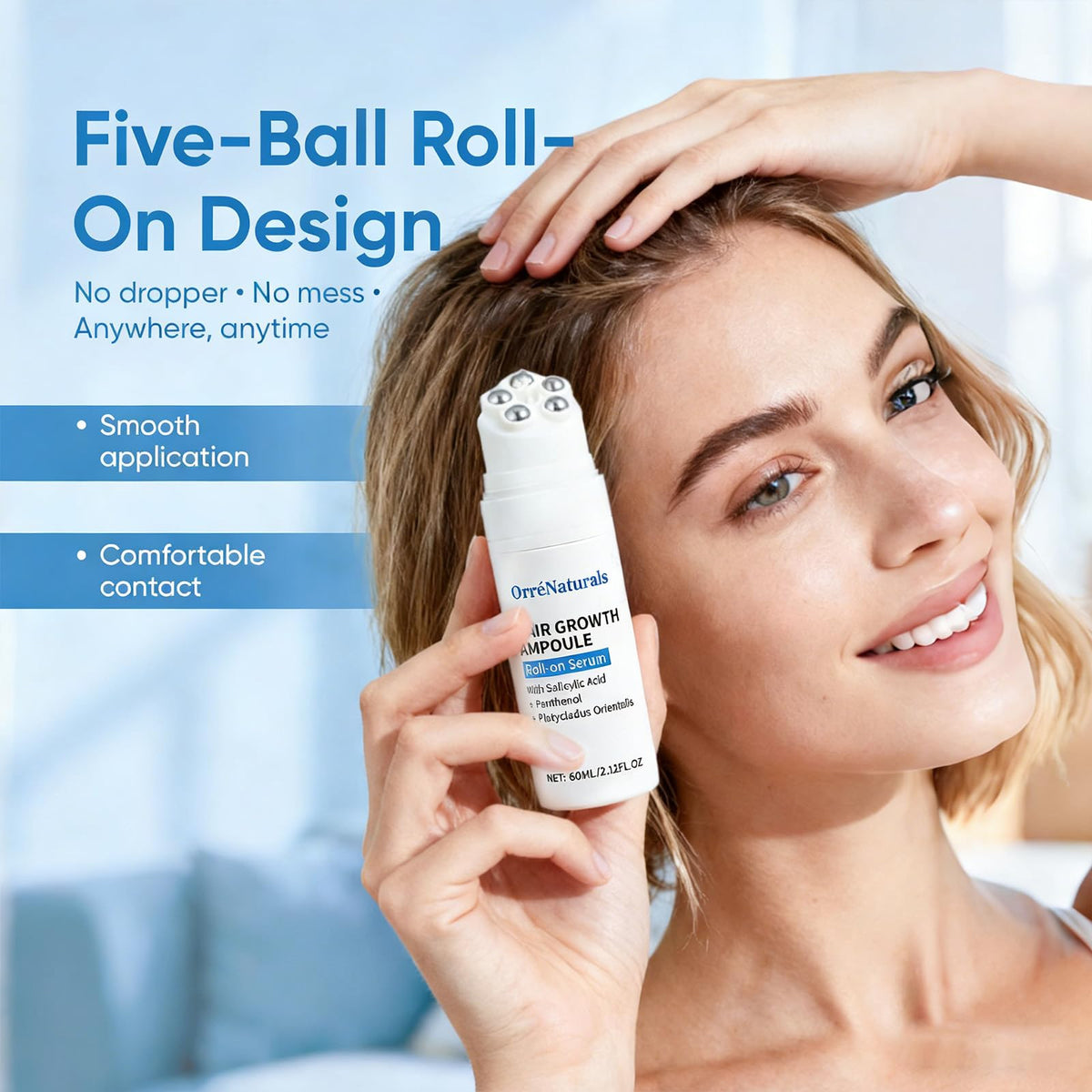 ORRÉNATURALS roll-on being applied to scalp to promote even coverage