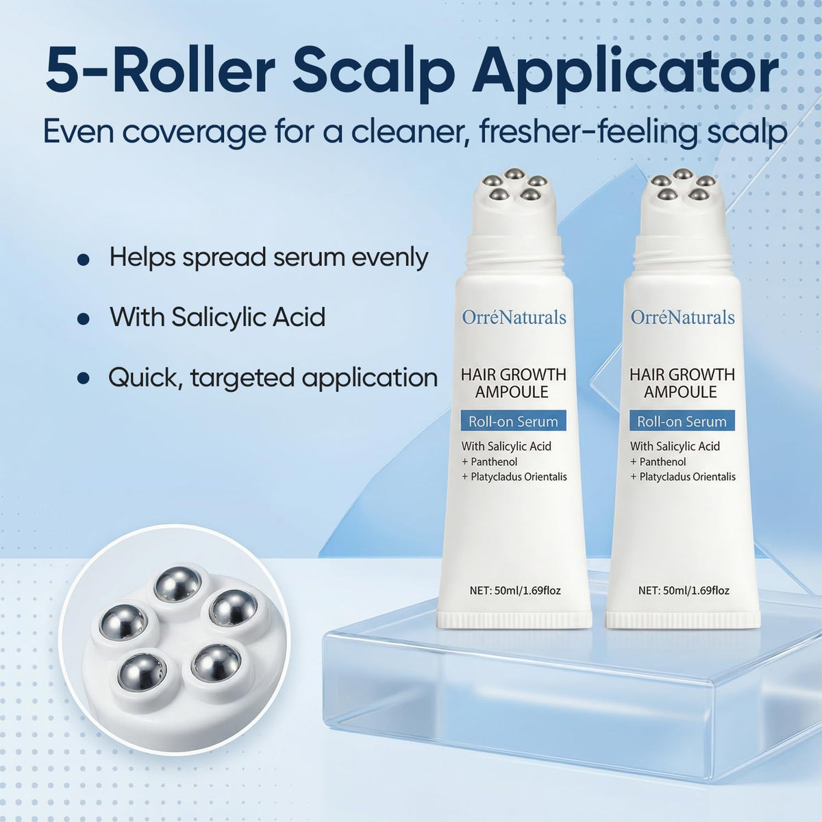 ORRÉNATURALS five-roller applicator close-up for even serum delivery benefit