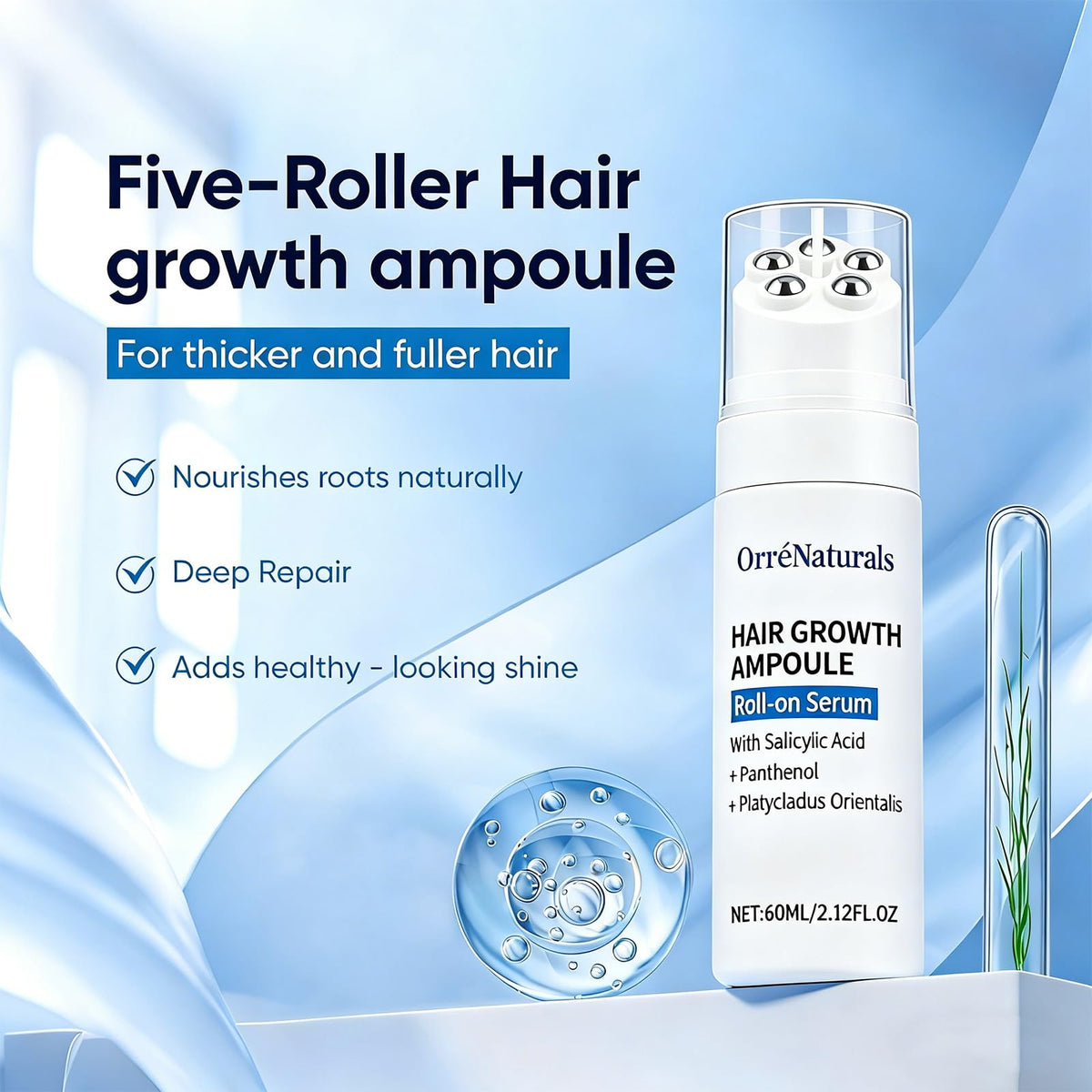 ORRÉNATURALS close-up of five-roller tip for even scalp distribution