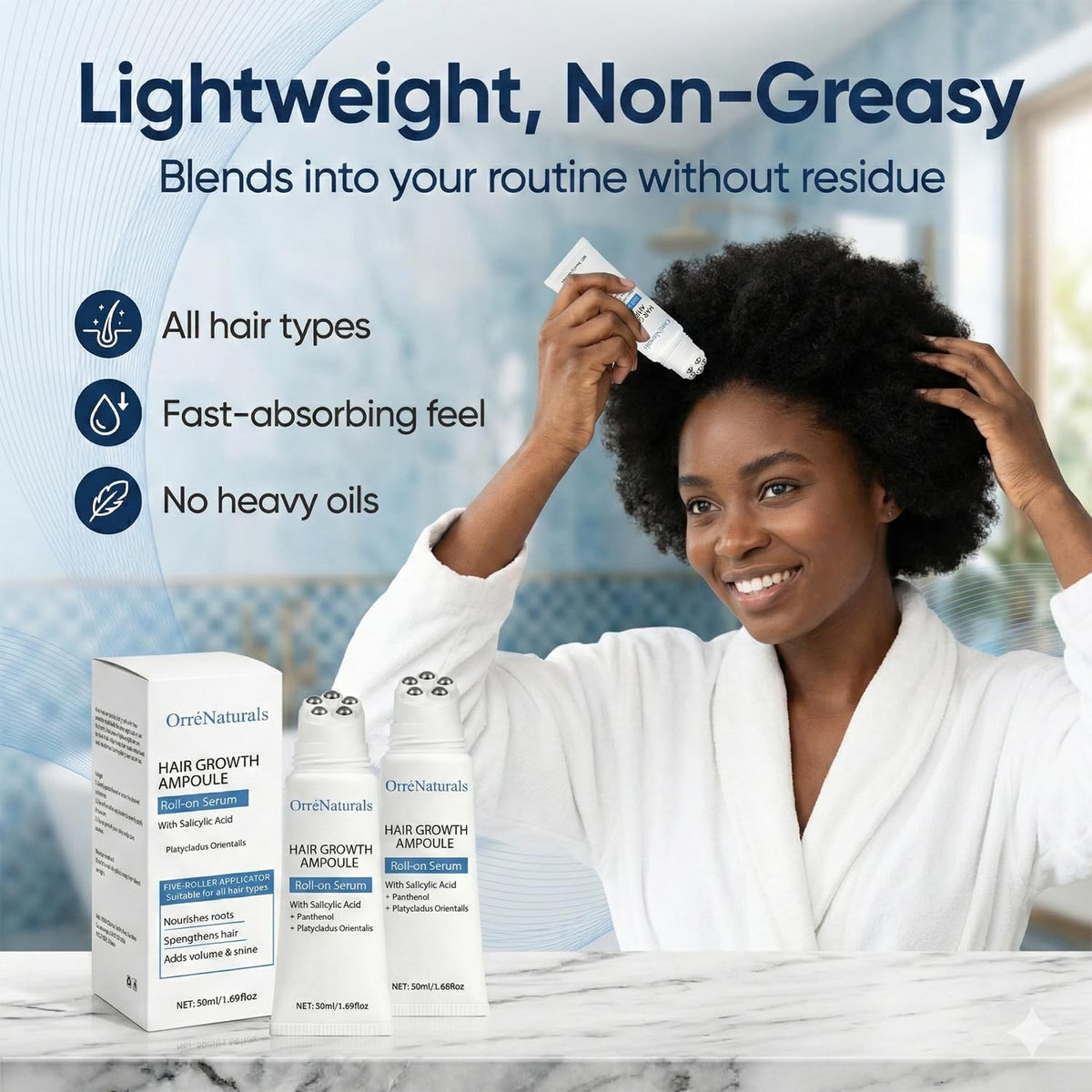 ORRÉNATURALS serum texture pouring to show lightweight absorbent formula and fast uptake