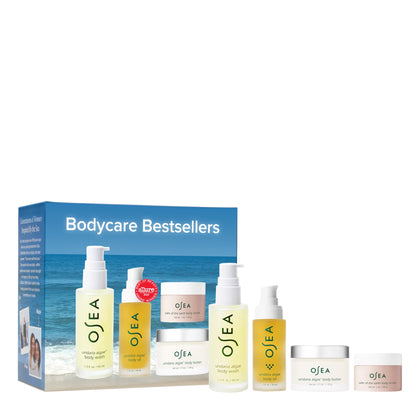 OSEA bestsellers front packaging showing four travel-size body essentials and easy packing benefits