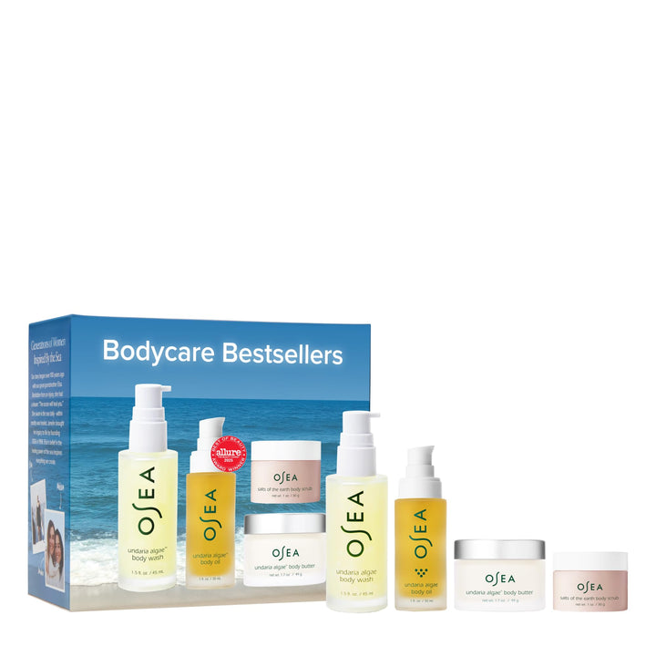OSEA bestsellers front packaging showing four travel-size body essentials and easy packing benefits