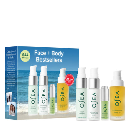 OSEA bestsellers set front packaging showing travel-size bottles for easy packing