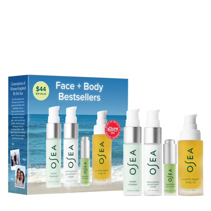 OSEA bestsellers set front packaging showing travel-size bottles for easy packing