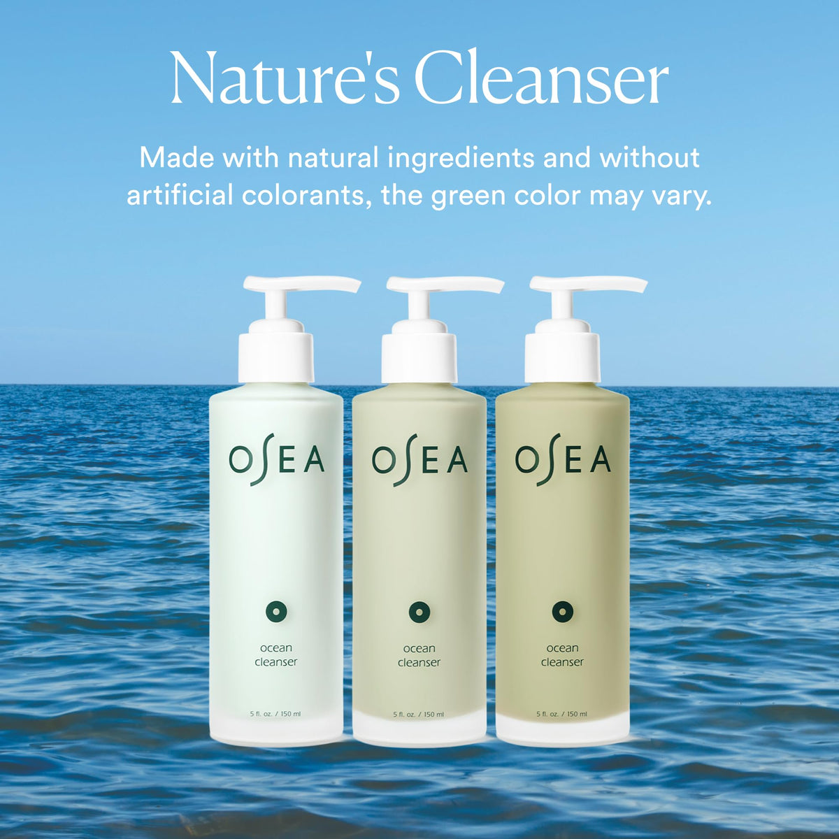 OSEA cleanser in hand demonstrating 5 oz size and easy dispensing
