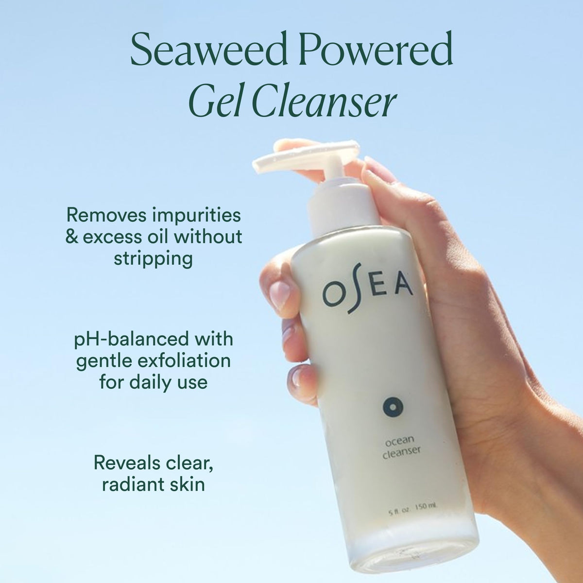 OSEA pump and label detail highlighting ingredient transparency and usage