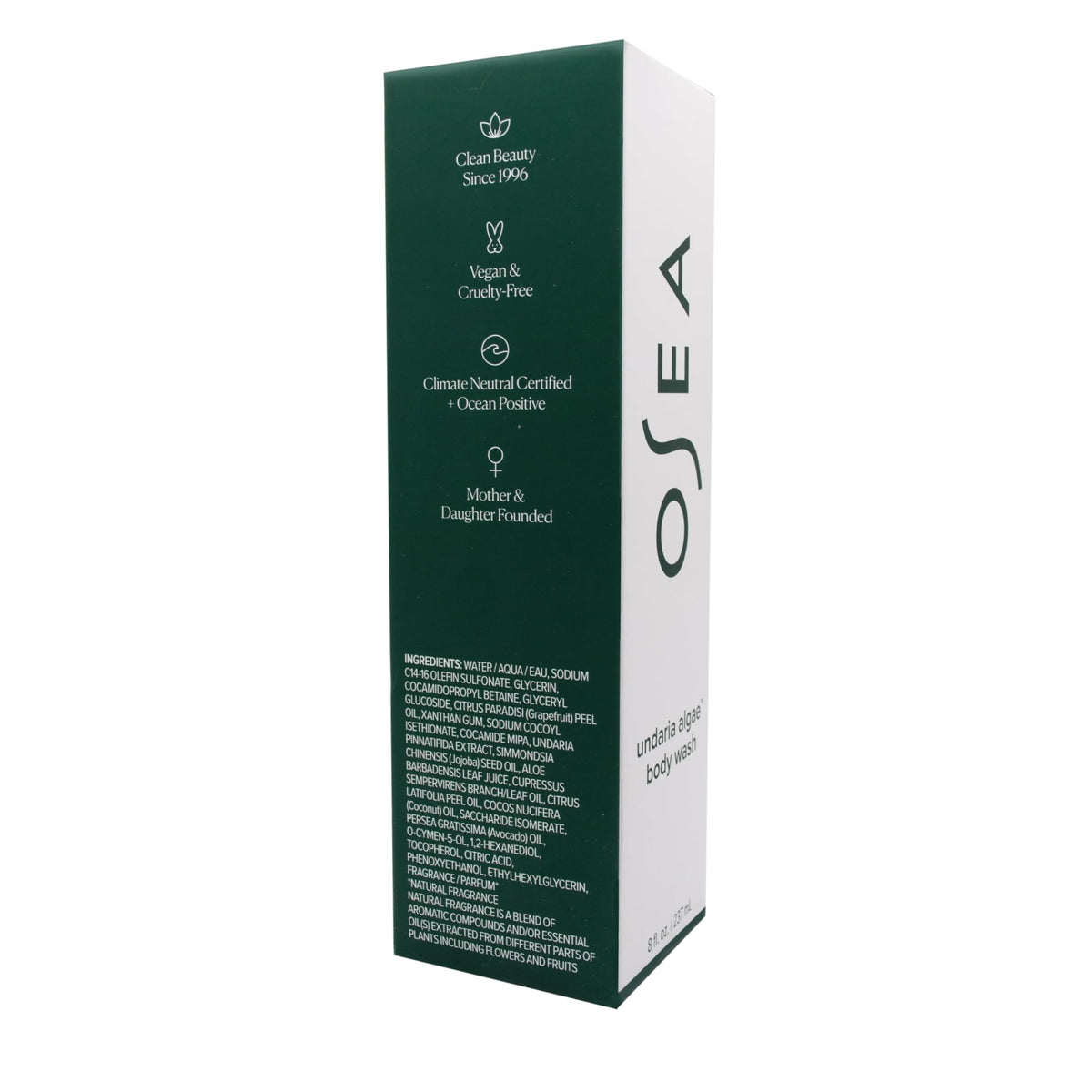 OSEA bottle on bathroom shelf showing clean, sustainable aesthetic benefit