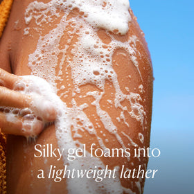 OSEA body wash being poured on hand showing easy application benefit