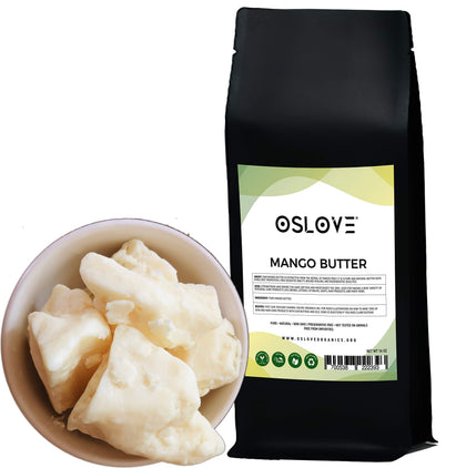 Oslove Organics front packaging showing 1 lb mango butter and benefits