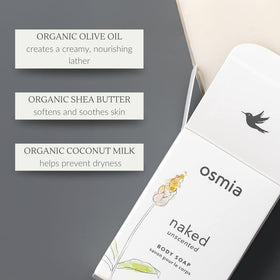 Osmia bar next to coin for scale and portable 4 oz convenience