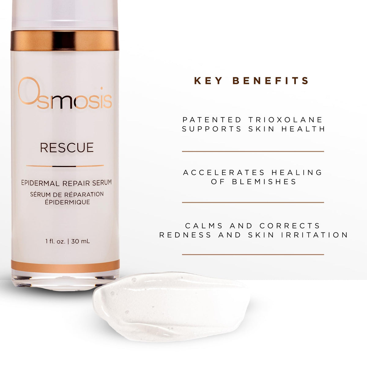 OSMOSIS Rescue serum texture drop on skin showing lightweight feel and quick absorption benefit