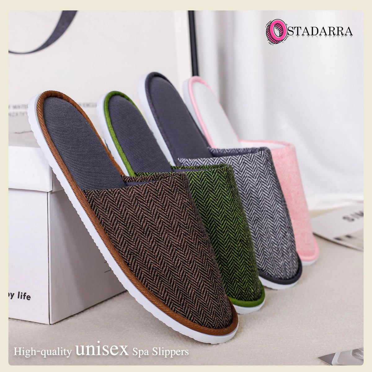 OSTADARRA slippers placed in a bathroom demonstrating comfortable use