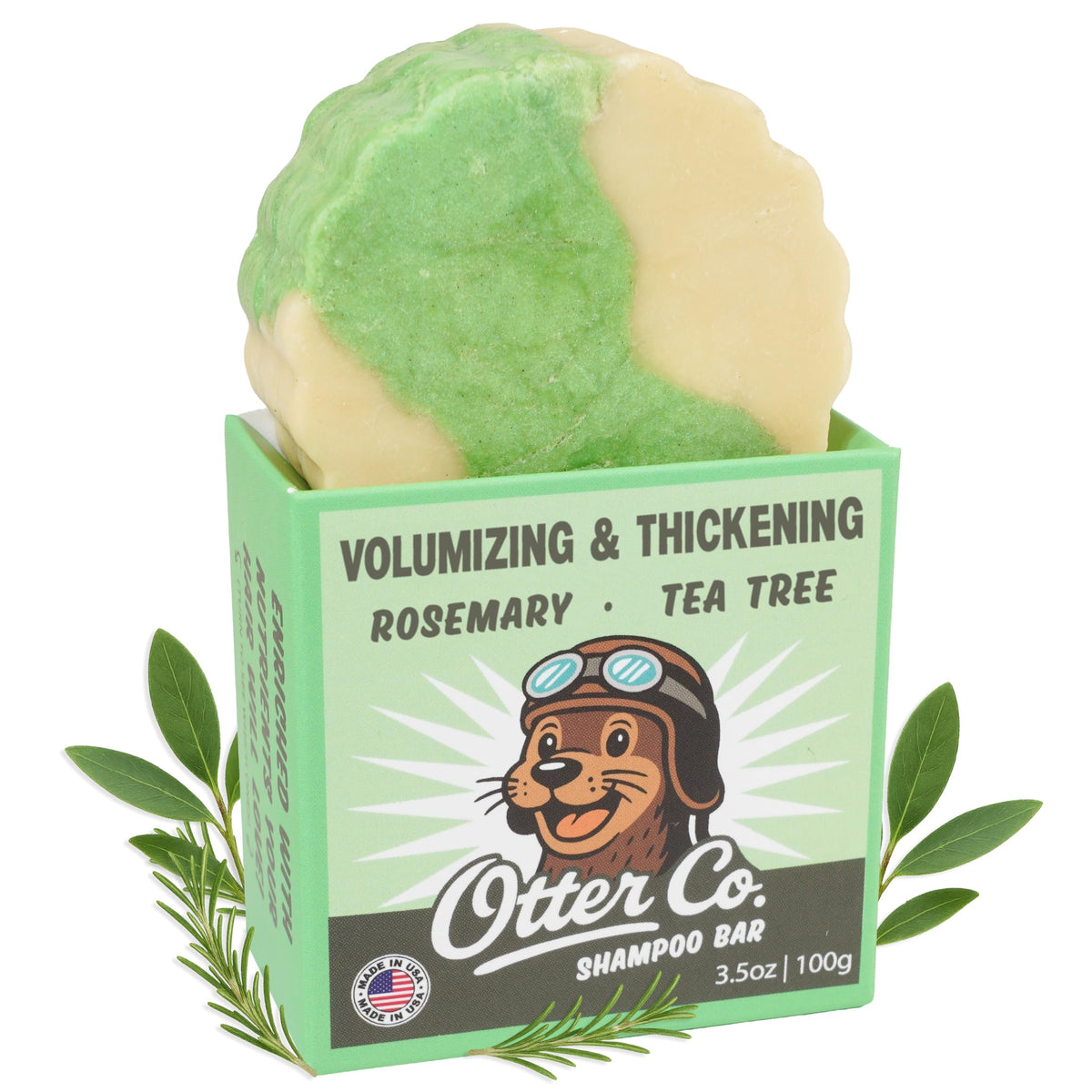 Otter co front packaging showing shampoo bar and biodegradable box, highlights eco benefit