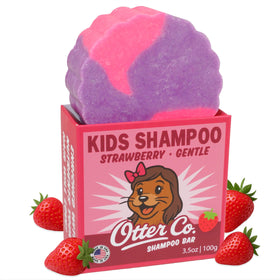 Otter Co. front packaging showing strawberry shampoo bar and eco benefits
