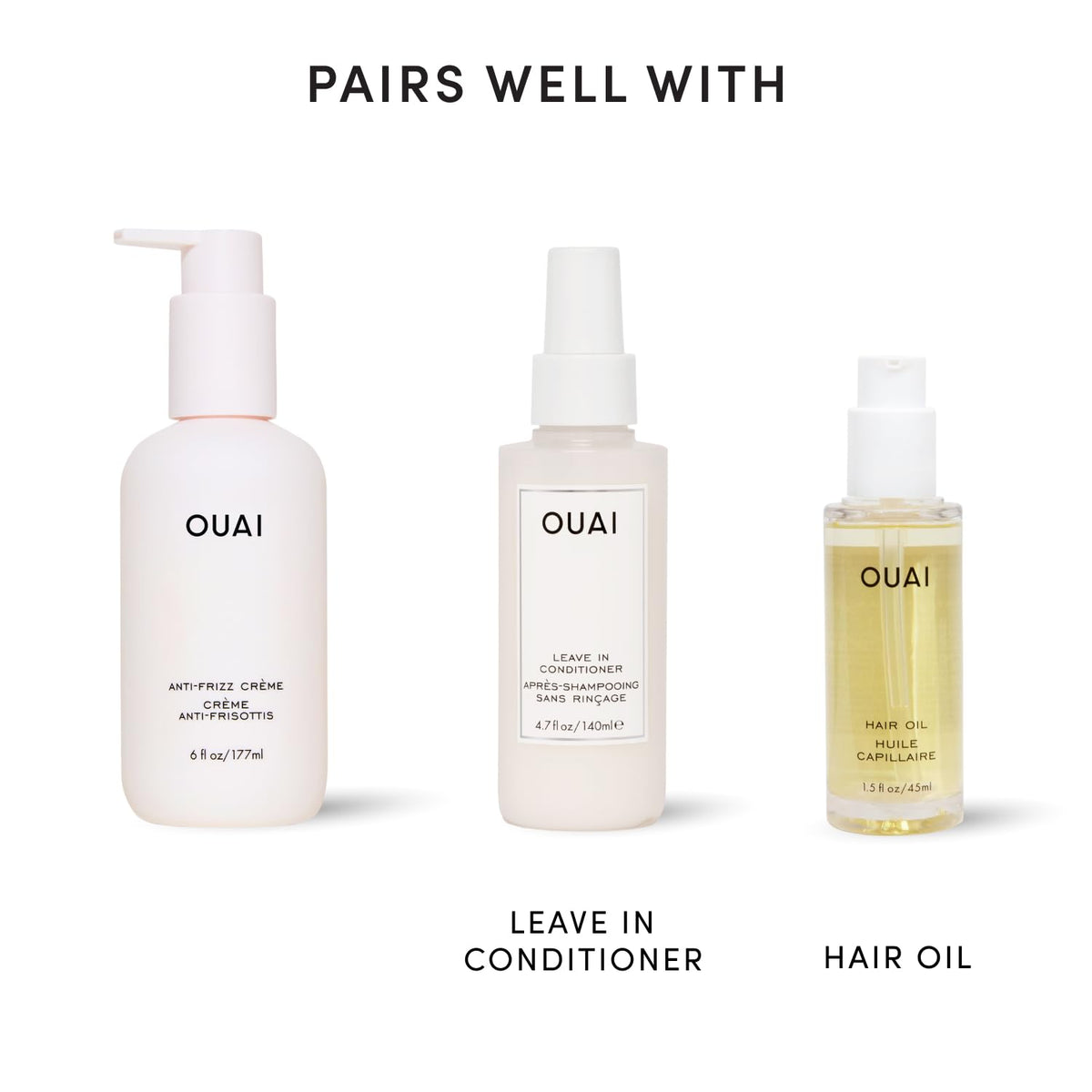 OUAI jar beside hair tools highlighting heat protection up to 450°F benefit
