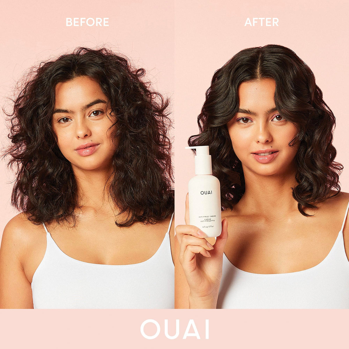 OUAI crème applied to damp ends showing frizz control and heat protection benefit