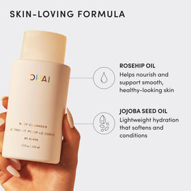 OUAI bottle resting on bath shelf, organized routine and aesthetic appeal