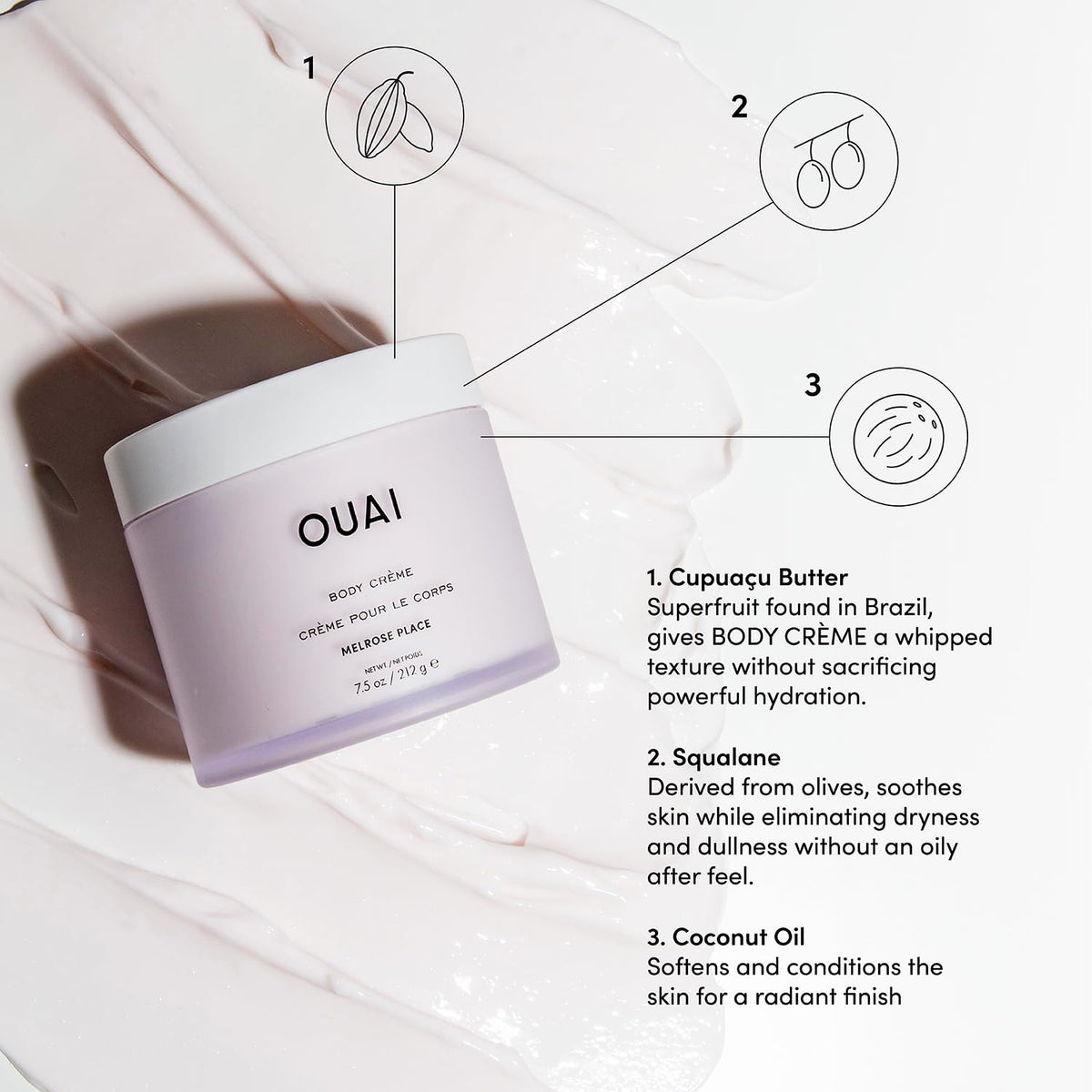 OUAI body cream being applied to forearm showing lightweight absorption and softness