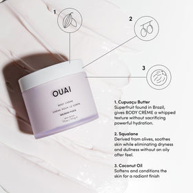OUAI body cream being applied to forearm showing lightweight absorption and softness
